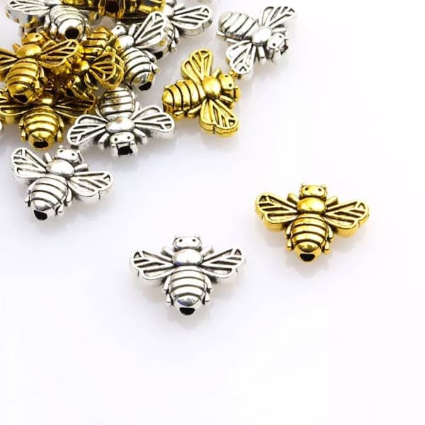 10 Sweet Bee Spacer Beads Antique Gold or  Silver Honey Bee Bracelet Charms Beading Jewelry Supplies 13x10mm Hole 1mm