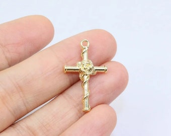 Small Gold Rose Cross Pendants Gold Cross Charms with Rose Vine Religious Charms Jewelry Supplies 26x15mm