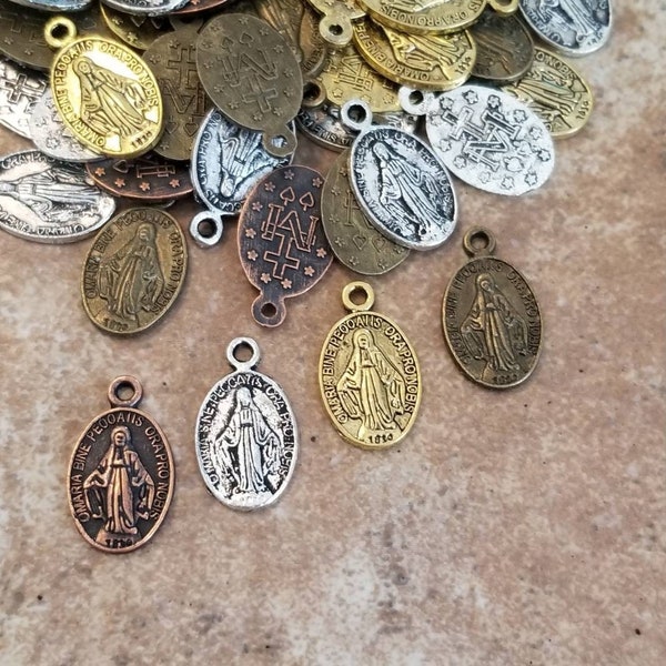 12 Mary Miraculous Charms Small Miraculous Medals Deep Copper Bronze Antique Silver Antique Gold Rosary Parts Religious Jewelry Supplies