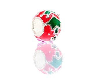 Enamel Christmas Charms Enamel Christmas Beads Silver Plated Bead with Red Enamel and Green Christmas Tree Design Crystal Accent
