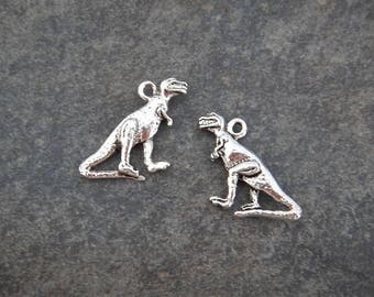 May include: Two silver-colored Tyrannosaurus Rex charms. Each charm is a detailed miniature dinosaur with a loop at the top for attaching to jewelry or other crafts. The charms are on a gray surface.
