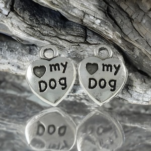 Tiny Love My Dog Heart Shaped Charms with Paw Print on Reverse Antique Silver Small Dog Jewelry Supplies 13x10.5 mm