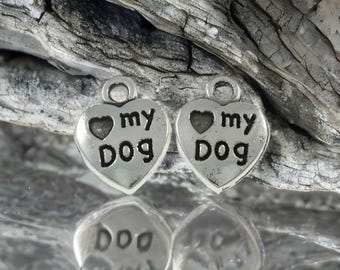 Tiny Love My Dog Heart Shaped Charms with Paw Print on Reverse Antique Silver Small Dog Jewelry Supplies 13x10.5 mm