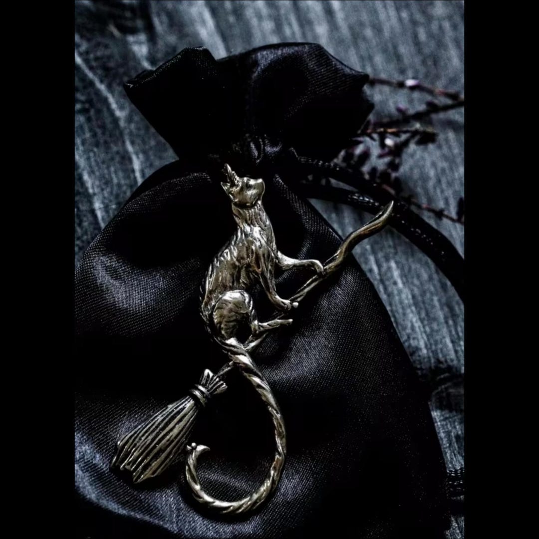 Large Cat on Broomstick Pendant Familiar Pendant Halloween Pendant ...