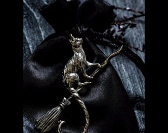 Large Cat on Broomstick Pendant Familiar Pendant Halloween Pendant Witch Pendant Witch's Cat and Broom Jewelry Supplies 63x55mm