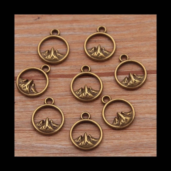 Mini Mountain Charms  Tiny Bronze Mountain Charms Circle Charms  Mountain Design Nature Camping Charms Jewelry Supplies 14x11mm VERY SMALL