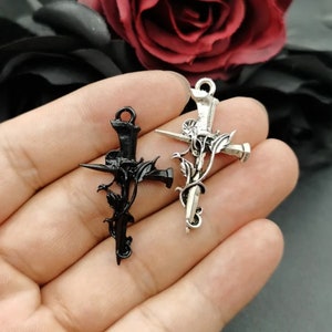 2 Large Cross Pendants Black Bronze or Silver Nail Cross with Vine Design Vine Cross Pendant Jewelry Supplies 33x23mm