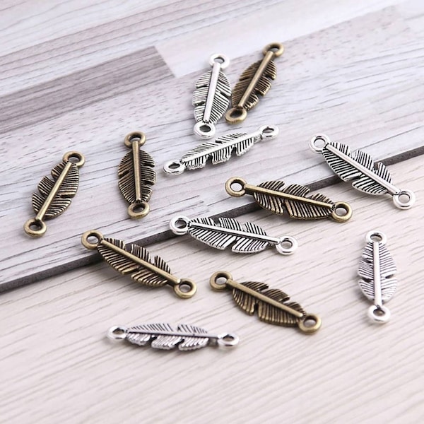 Little Feather Connectors Antique Silver Bronze Feather 2 Loop Charms Great for Earrings Bracelets Feathers Jewelry Supplies 22x6mm