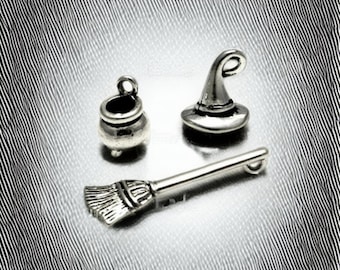 Witch Accessory Kit Charm Set 16 Pieces 2 Each Cauldron Broom Hat Web Cat Pumpkin and More Silver Halloween Jewelry Supplies
