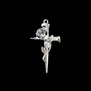 Large Rose Cross Pendant Substantial Nail Cross with Rose Vine Dark Silver Rose Vine Cross Pendant Religious Jewelry Supplies 53x30mm