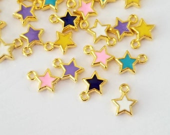 Tiny Enamel Star Charms Colorful Stars Enamel over Gold Base Celestial Jewelry Supplies 8x10mm