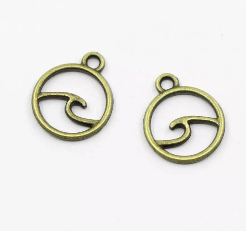 Mini Bronze Wave in Circle Charms Beach Waves Surfer Surfing Mermaid Jewelry Supplies 15x12mm
