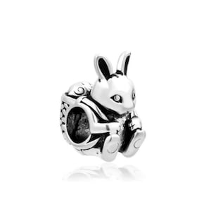Easter Bunny Spacer Bead Lovely Bunny Rabbit Bead Easter Eggs in Basket Slightly Darker Silver Easter Bunny Charm for Bracelet