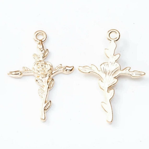 Light Gold Rose Cross Charms Cross Pendants With Rose Vine