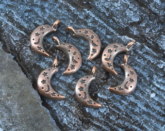 6 Moon Charms Deep Copper Moons with Stamped Stars Luna Celsetial Night Sky Jewelry Supplies 19x10mm