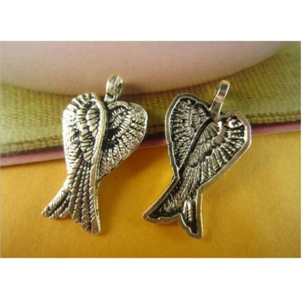 8 Large DOUBLE WINGS Pendants Angel Wing Large Charms Antique Silver Folded Wings Jewelry Supplies 30x16 mm