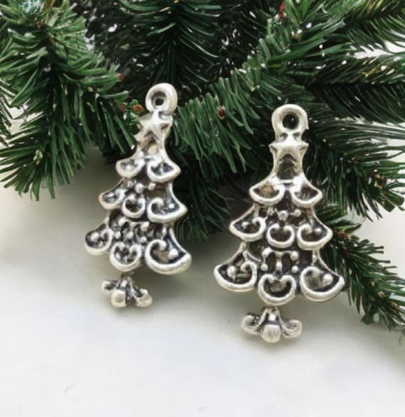 10 Christmas Tree Charms Antique Silver Vintage Look Christmas Charm Winter Holiday Jewelry Supplies 22x12mm