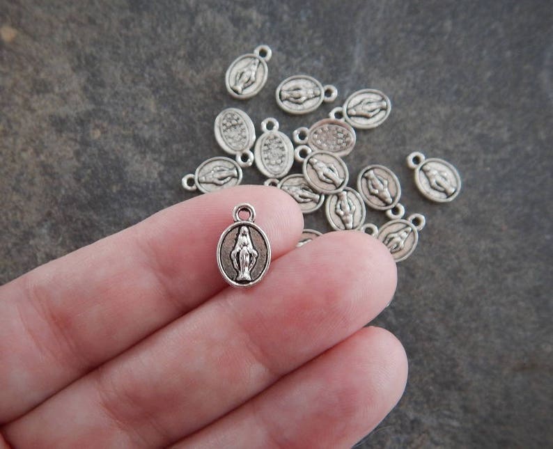40 Mini Immaculate Mary Medals Charms Rosary Jewelry Supplies Tiny Atq Silver Tone with Varying Contrast 13x9.5mm