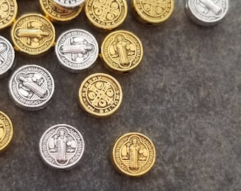 12 Saint Benedict Spacer Beads High Quality Patron Saint Bracelet Rosary Parts Gold with Contrast Silver Catholic Jewelry Supplies 9.5mm