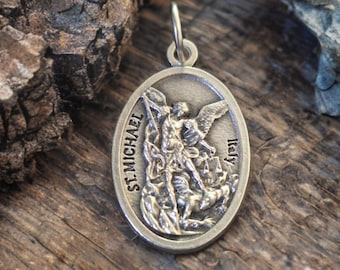 Saint Michael Medal Silver Plated Oxidized Made in Italy Protection Medal Patron Saint of Police St. Michael Pendant 1 Inch Read Details