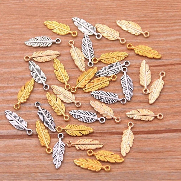 Tiny Feather Charms Mini Silver or Gold Feather Charms Nature Spiritual Tribal Boho Feathers Jewelry Supplies Findings 15x5mm