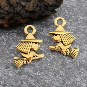 10 Antique Gold Mini Cute Witches on Broomsticks Little Witch Charms Double Sided Antique Gold Halloween Jewelry Supplies 16x11 mm image 3