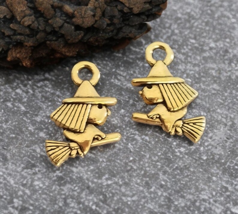 10 Antique Gold Mini Cute Witches on Broomsticks Little Witch Charms Double Sided Antique Gold Halloween Jewelry Supplies 16x11 mm image 3