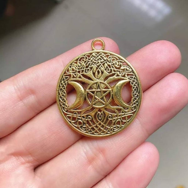 Large Wicca Pendant Antique Gold Witch Tree Pentacle with Crescent Moon Design Filigree Pendant Jewelry Supplies 39x34mm