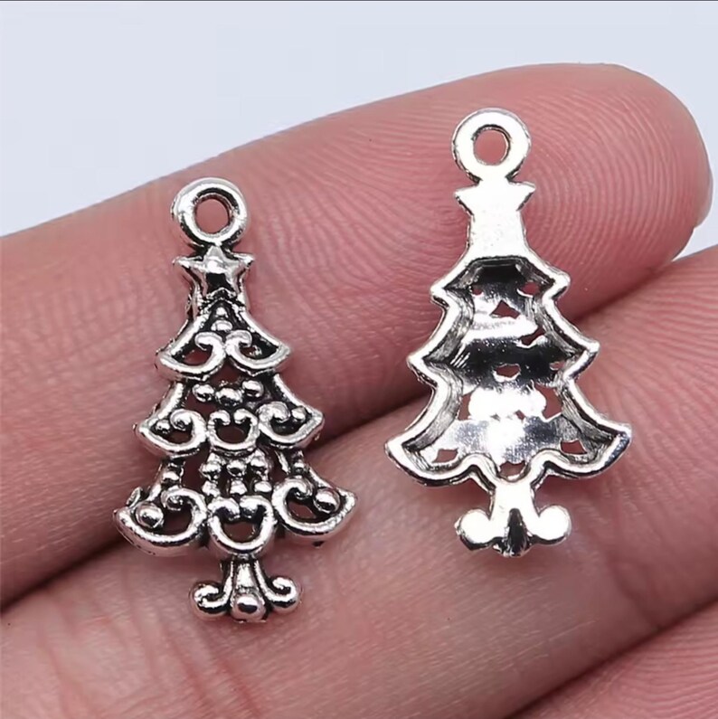 10 Christmas Tree Charms Antique Silver Vintage Look Christmas Charm Winter Holiday Jewelry Supplies 22x12mm image 4