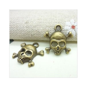 Skull and Crossbones Charms, Skull Charms 10 or 30, Goth Charms Bronze Hollow Halloween Skulls, Skeleton Jewelry Supplies 18x17
