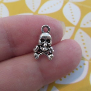 Tiny Skull and Crossbones Charms Mini Creepy Smiling Skulls with Teeth Poison Charms Little Halloween Jewelry Supplies 8x13 mm