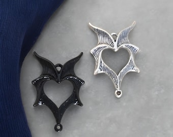 2 Double Bat Wing Connectors Bat Wing Pendants Silver or Black Halloween Pendants Goth Vibes Jewelry Supplies 35x23mm