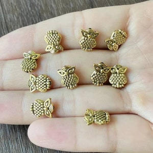 12 Horned Owl Little Spacer Beads for Thread or Wire Small Antique  Gold  Owl Beads Mini Owl Charms Beading Jewelry Supplies 10x8 mm