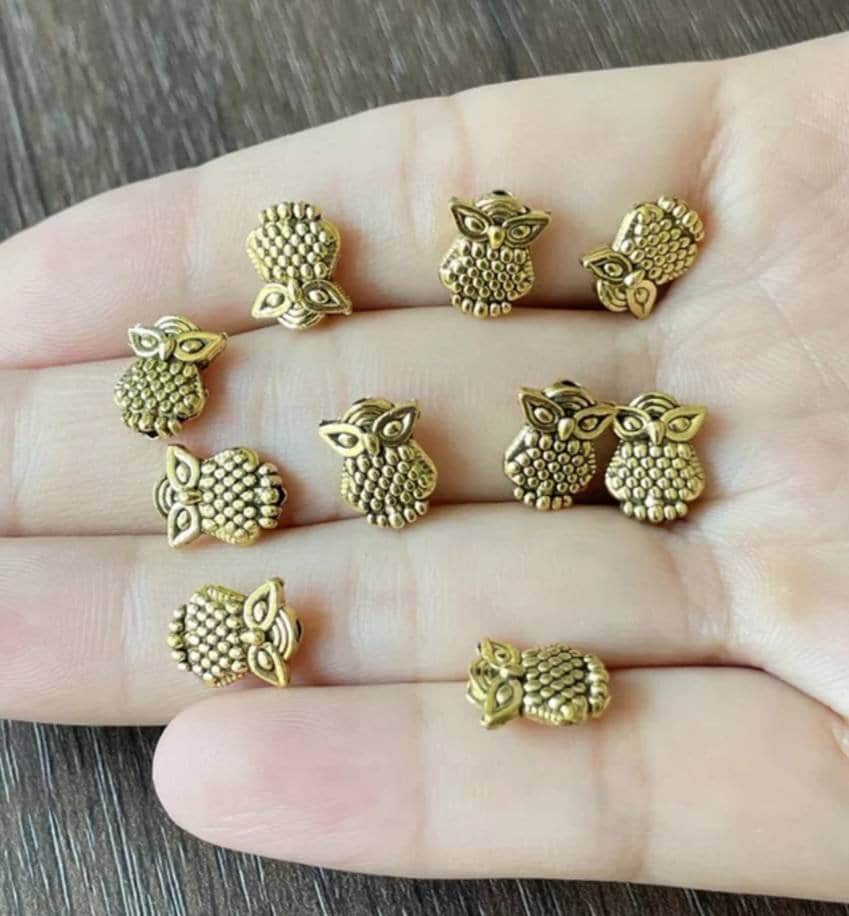 12 Horned Owl Little Spacer Beads for Thread or Wire Small Antique  Gold  Owl Beads Mini Owl Charms 