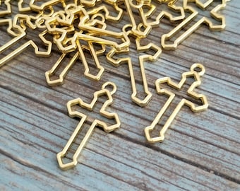 Gold Gothic Cross Pendants Large Open Cross Charms Gold Cross Pendants Religious Jewelry Supplies 38x22mm Gold Slightly Darker
