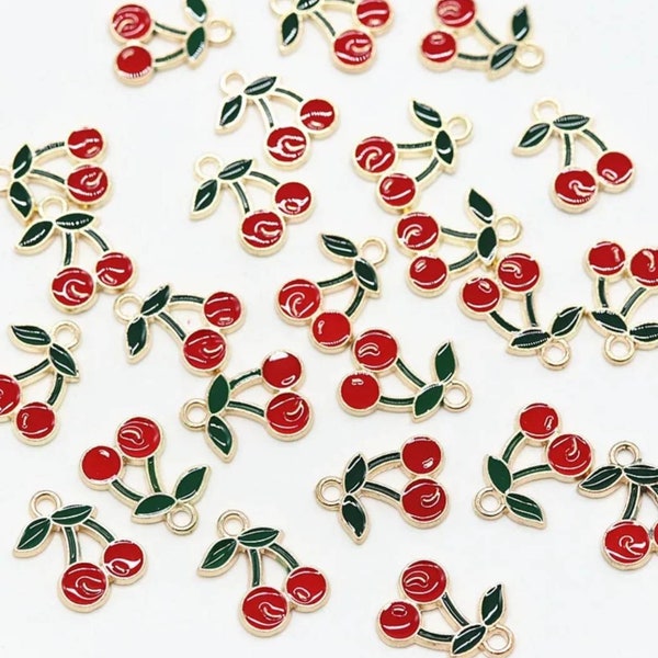 Enamel Cherry Charms Red Cherry Charms Fruit Charms Jewelry Supplies 17x12mm