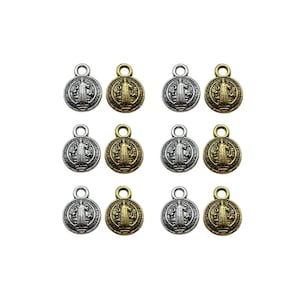 12 Tiny St. Benedict Charms Round Puffed Benedictine Medals Antique Gold or Silver Mini St. Benedict Medals Religious Jewelry Supplies 11mm
