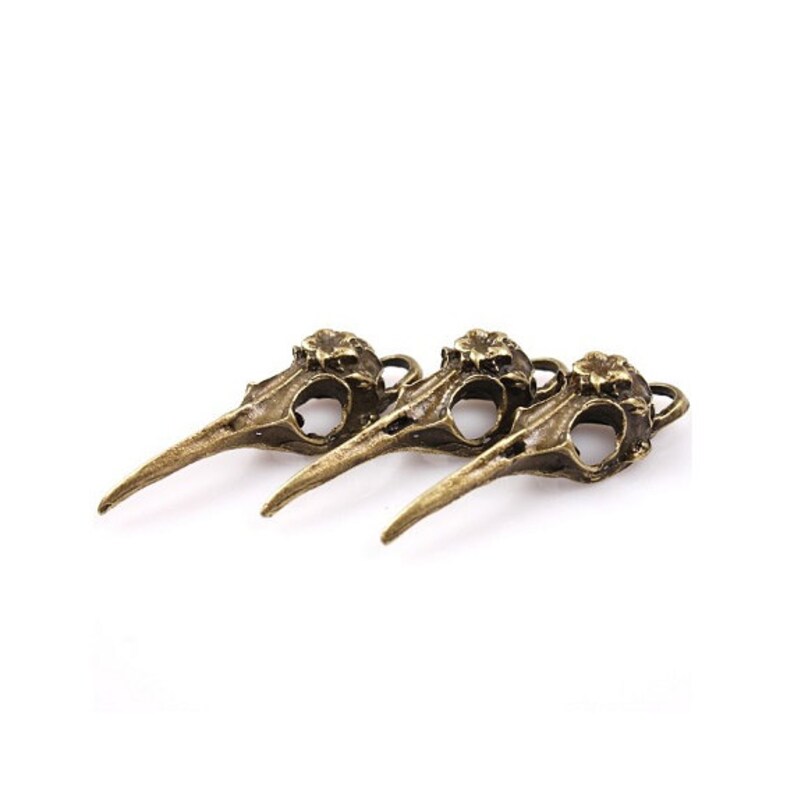May include: Three antique gold bird skull charms with a flower detail on the top of the skull. The charms have a loop for attaching to jewelry or other crafts.