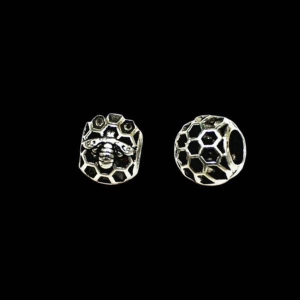 Bee Beads Bee and Honeycomb Beads Large Hole Bee Beads Honeybee Beads Honeybee Charms Antique Silver Bee Charms Jewelry Supplies 11x8mm