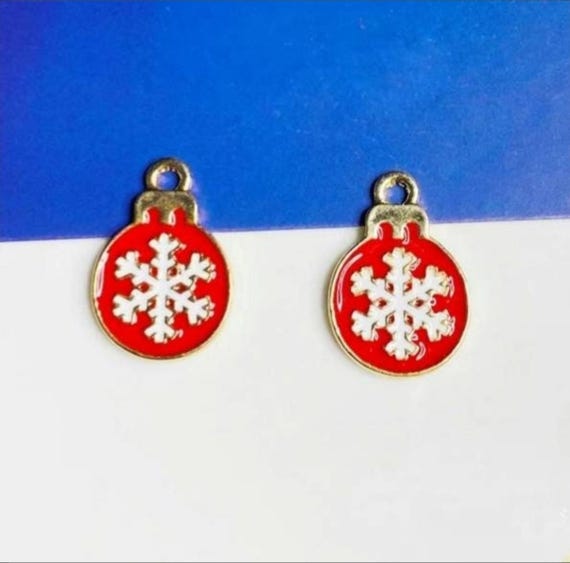Enamel Christmas Ornament Charms Enamel Christmas Charms Red with Snowflake Design over Gold Christmas Jewelry Supplies 19x13mm