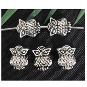 16 Horned Owl Little Spacer Beads for Thread or Wire Small Atq Silver Tone with Varying Contrast Mini Beading Jewelry Supplies 10x8 mm