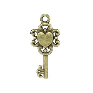 10 HEART KEYS Bronze Small Key To My Heart Charms Valentine Surprises Tokens Love Key Jewelry Supplies 12x26 mm