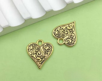 10 Gorgeous Ornately Designed Antique Gold Heart Charms Double Sided Small Hearts Valentine's Day Jewelry Supplies 15x16mm