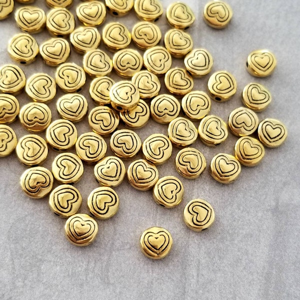 Darling Little Antique Gold Coin Shaped Spacer Beads with Stamped Heart Design Bracelet Charms Heart Beads Jewelry Supplies 6x3mm