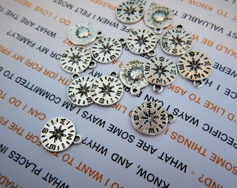 10 Small Compass Charms Rustic Varying Contrast Atq Silver Tone Navigation Camping Craft Jewelry Supplies 16x13mm READ DETAILS