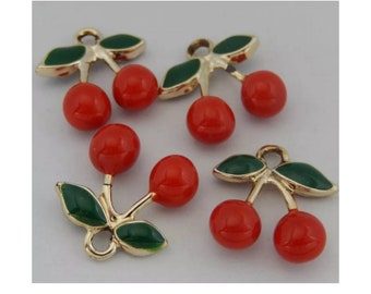 4 Enamel Cherry Charms Sweet Red Cherries over Gold Base Fruit Food Jewelry Supplies 17x16x5mm