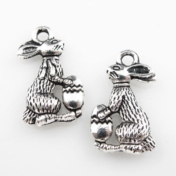 10 Small Easter Bunny Charms With Egg Double Sided Spring Rabbit
