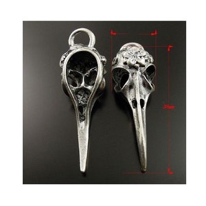 May include: Two silver bird skull charms with a floral design on one. The charms are approximately 3.8 cm long.