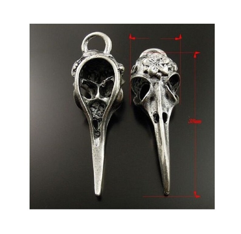 May include: Two silver bird skull charms with a floral design on one. The charms are approximately 3.8 cm long.