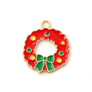 Christmas Wreath Charms Red Enamel Wreath Charms with Ornaments and Bow Enamel Christmas Charms Holiday Jewelry Supplies 20x18mm